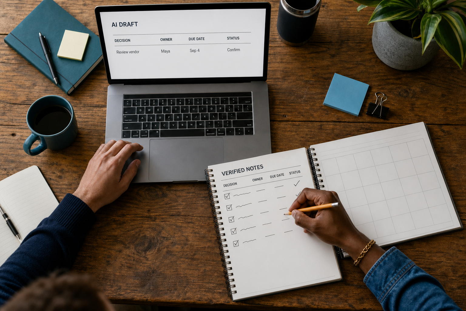 Colleagues compare AI-generated meeting notes against the actual decision, owner, due date, and status