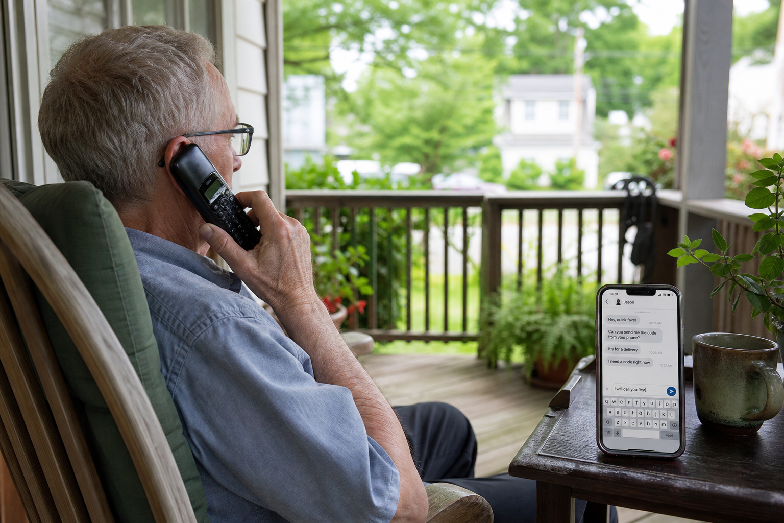 A person calls a known contact from a porch while a suspicious messaging app request remains visible on a separate phone.
