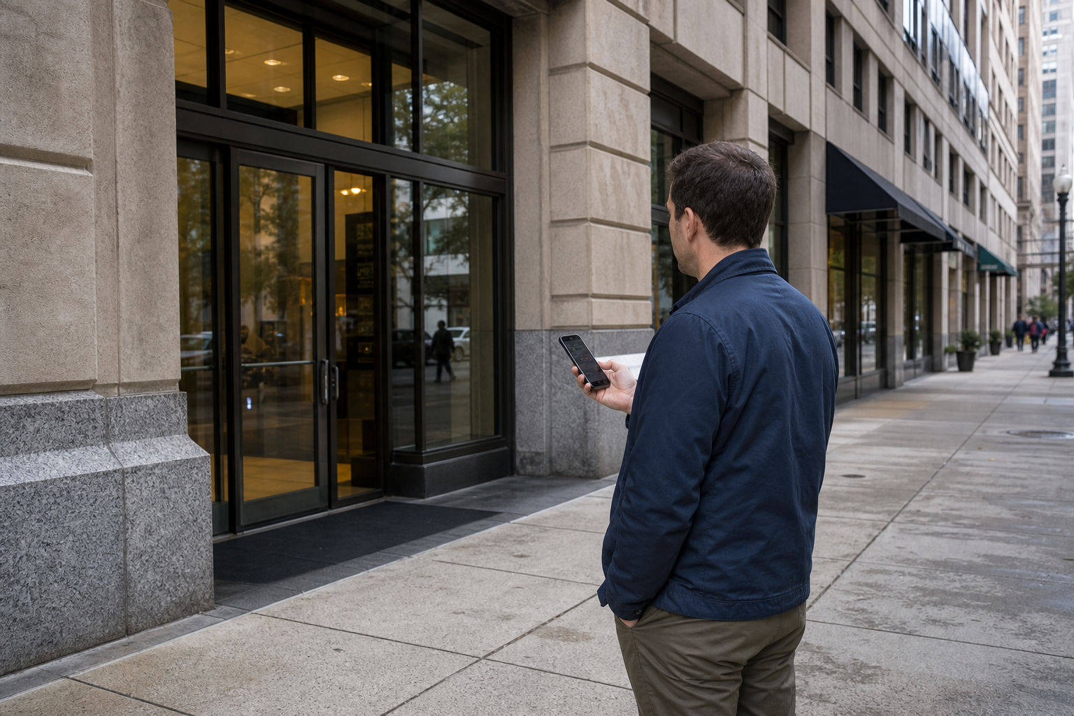 A shopper independently checks an unfamiliar seller at a mixed-use building entrance before buying.