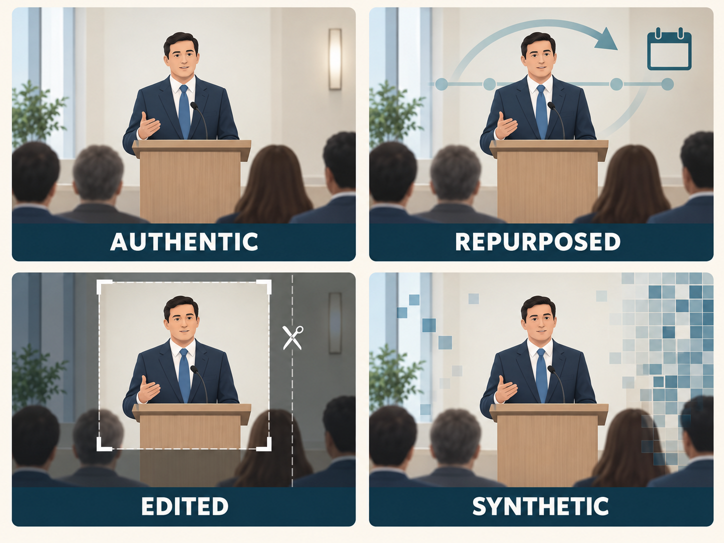 Four panels compare authentic, repurposed, edited, and synthetic versions of the same election speaker scene.