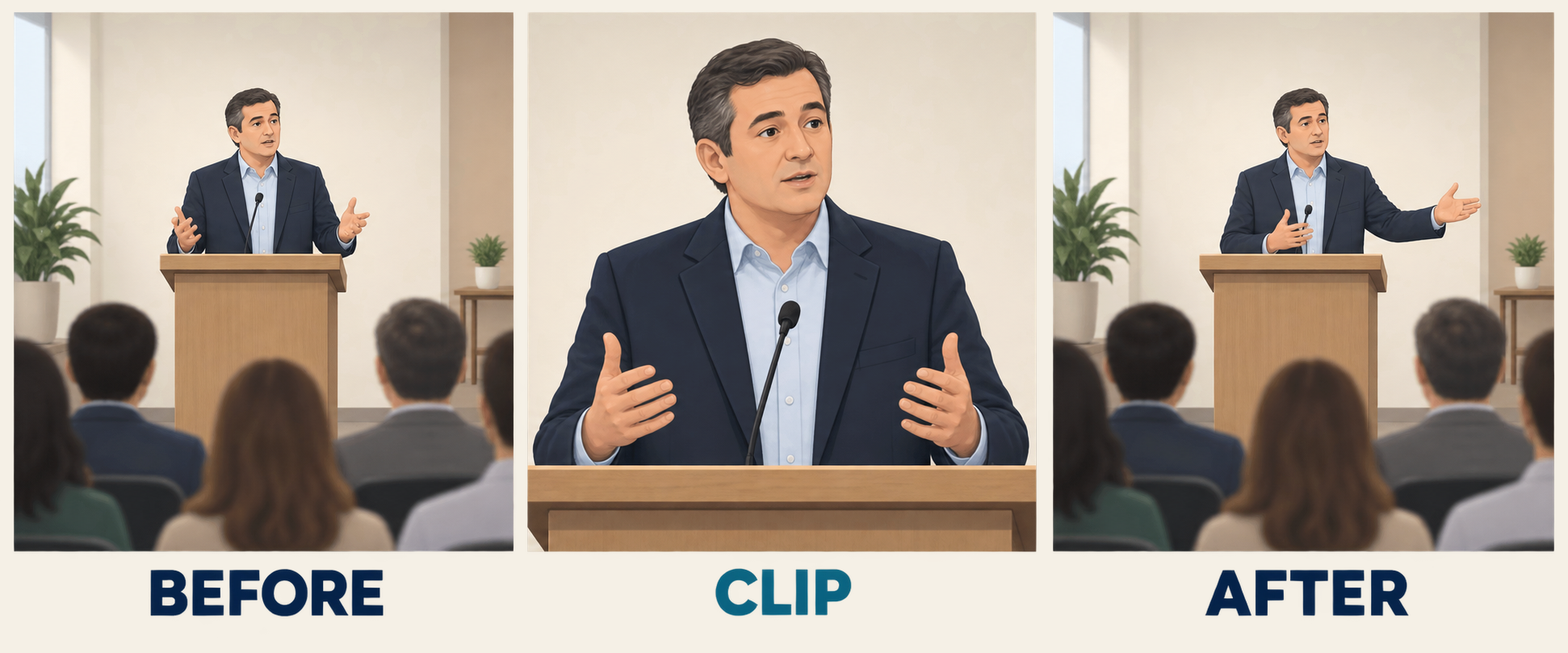 Three panels show the wider context before and after a tightly cropped viral excerpt.