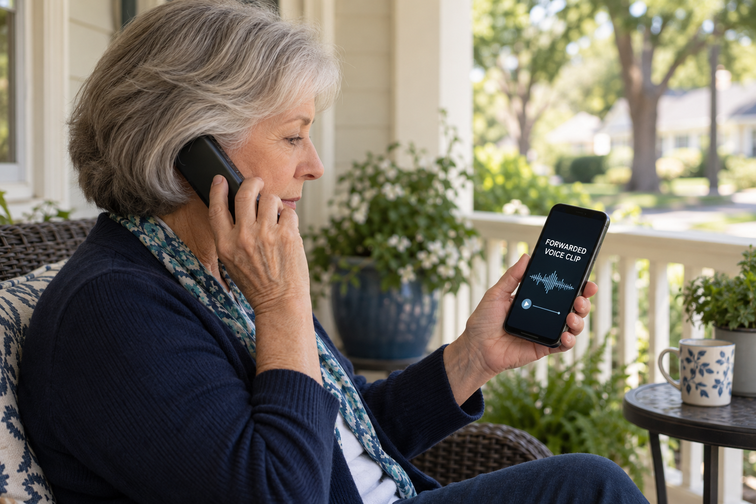 An older adult listens to a forwarded voice clip while calling a separate trusted source.