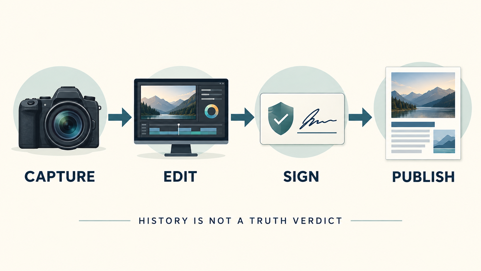 A provenance diagram follows media from capture through edit, signing, and publication.