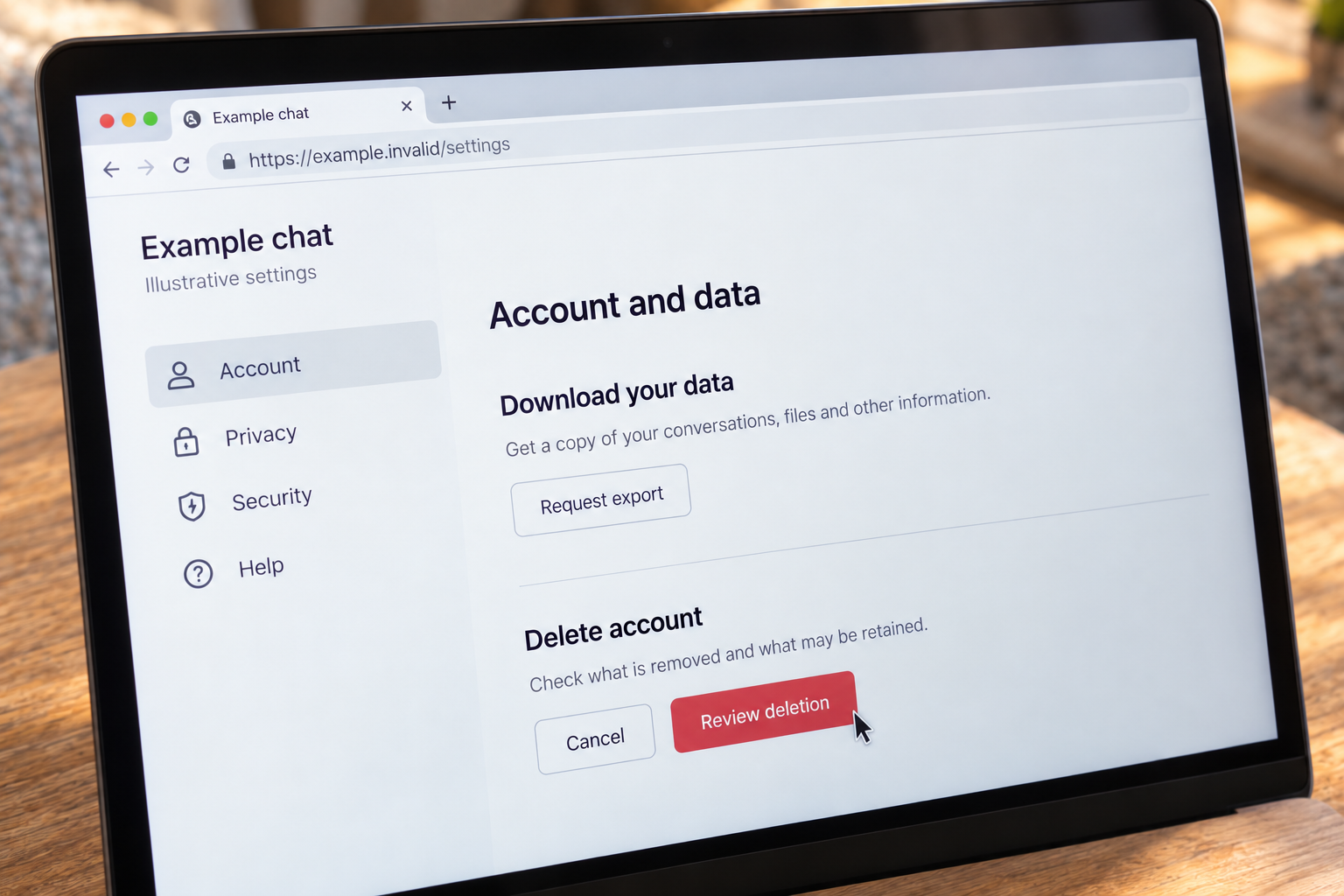 Close view of illustrative data-export and account-deletion settings on a laptop screen.