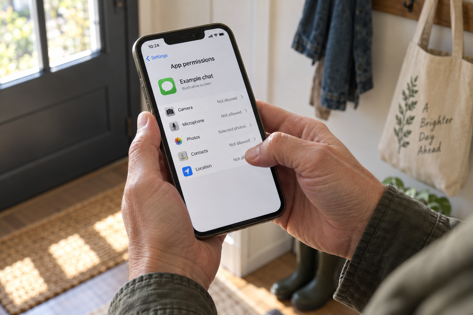 Hands reviewing illustrative camera, microphone, photo, contact, and location permissions for a chat app on a phone.