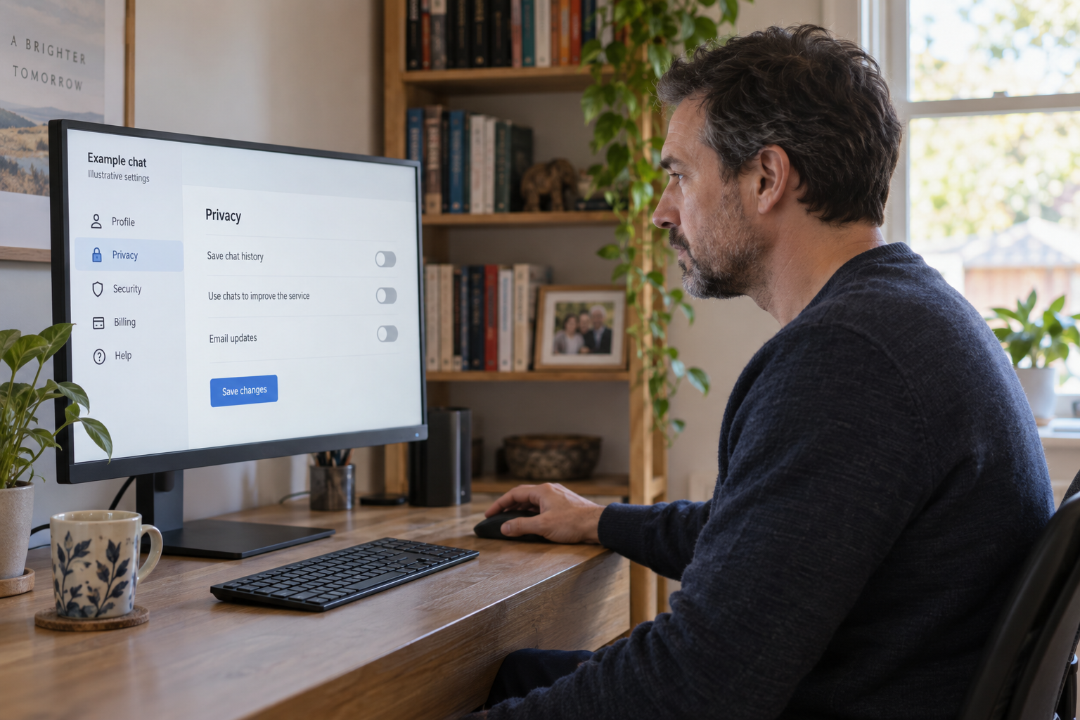 Parent checking illustrative chat-history and model-improvement controls on a desktop computer.