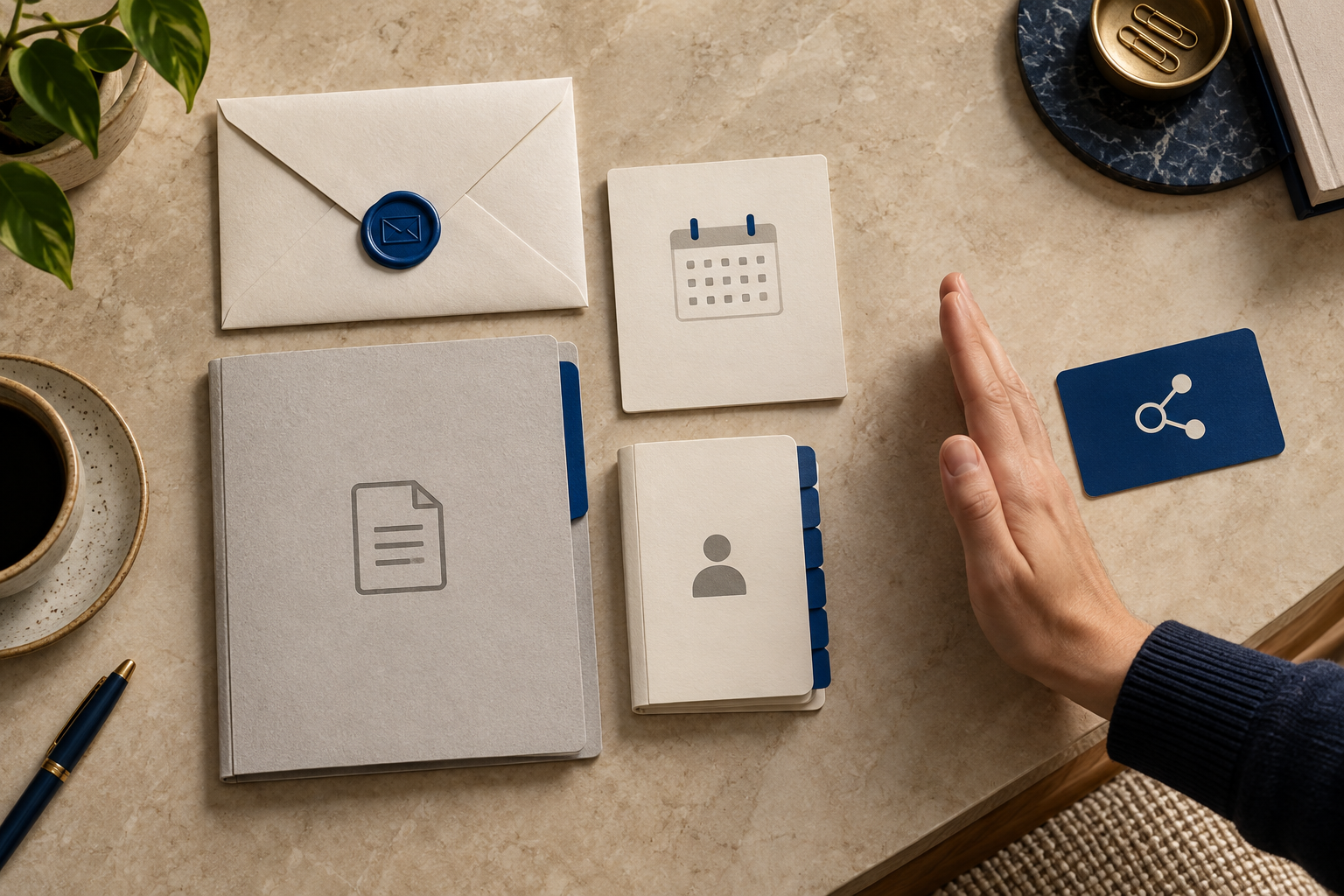 Hand stops an access card beside symbols for email, calendar, files, and contacts.