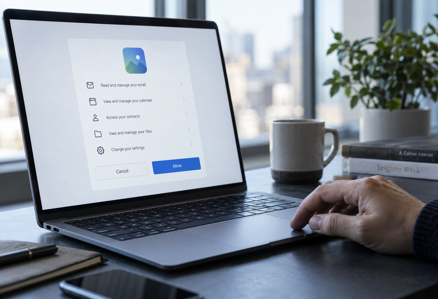 Laptop showing app permissions for email, calendar, contacts, files, and account settings before the user selects Allow.