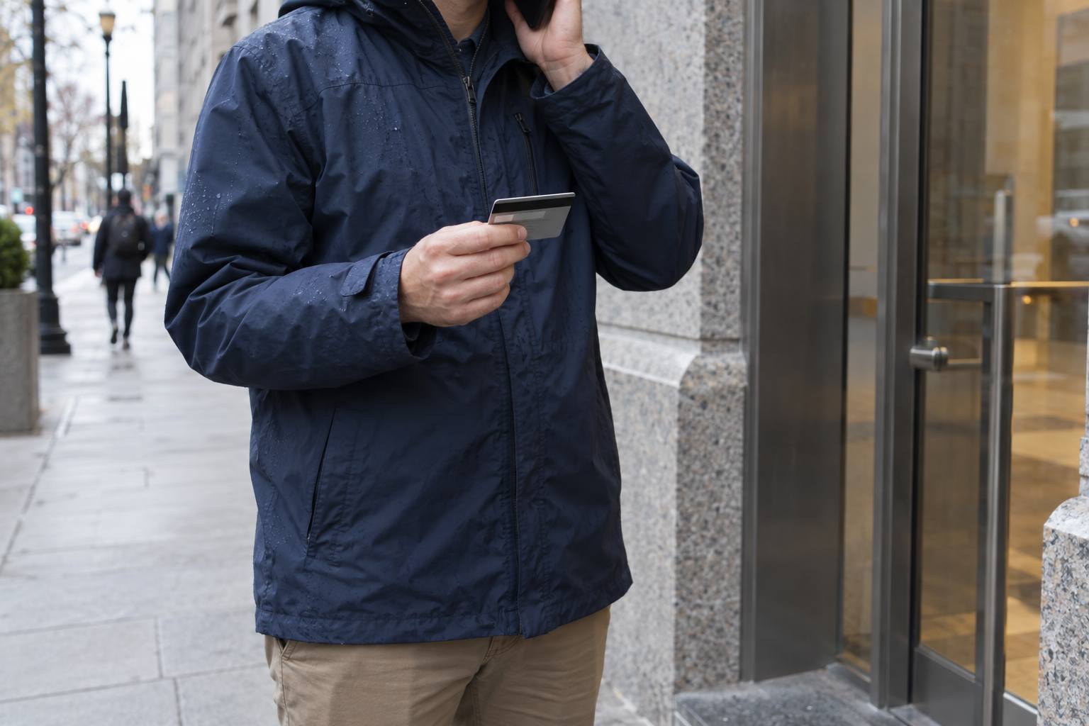 A person in a rain jacket makes a phone call while holding a payment card on a city sidewalk.