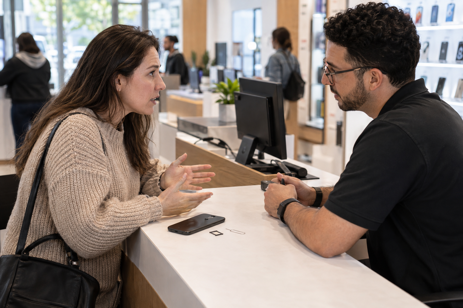 A customer explains a suspected SIM swap to an unbranded mobile carrier representative while the affected phone rests face down on the counter.