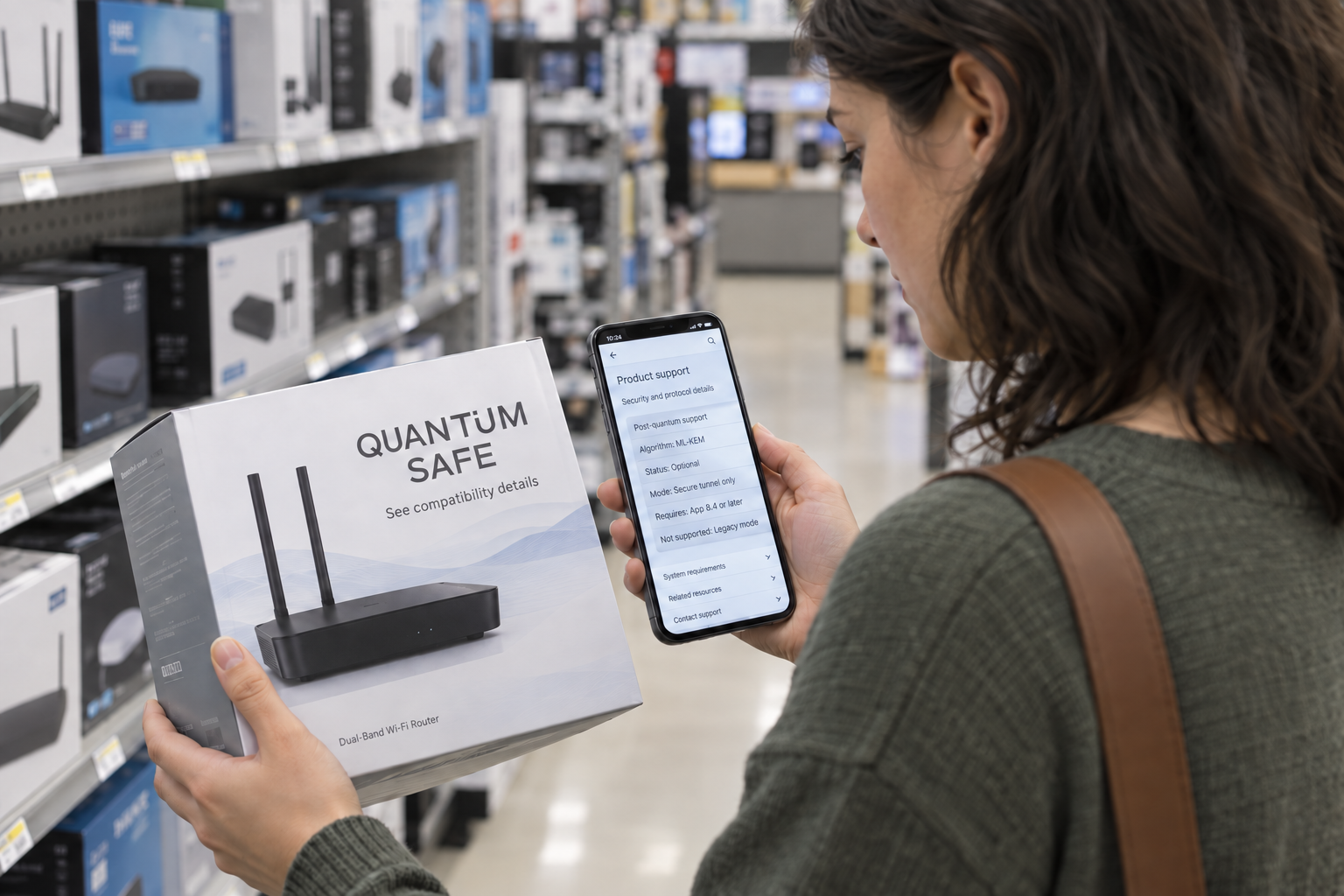 Shopper comparing a router's quantum-safe marketing claim with detailed post-quantum support limits on a phone.