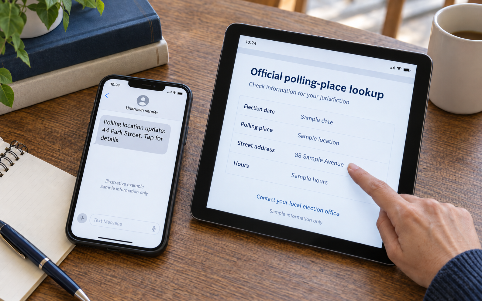 Phone message and official polling-place lookup are compared side by side for address, date, hours, and contact details.