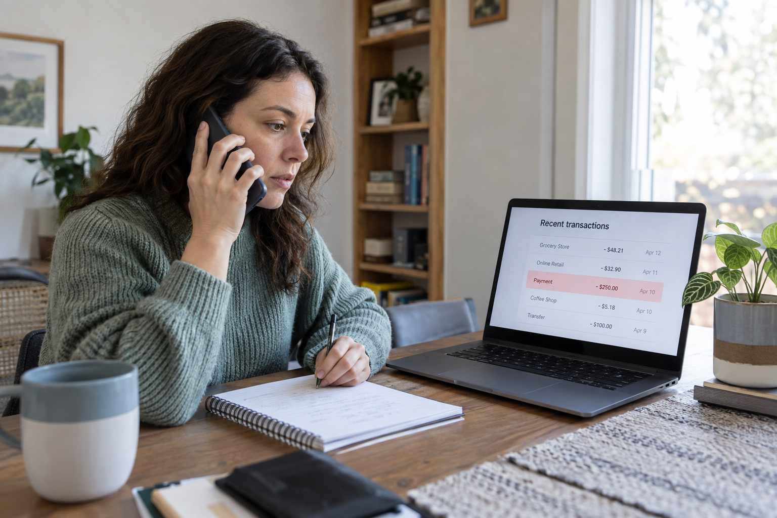 A consumer calls a payment provider while reviewing the transaction details from a suspected online job scam.