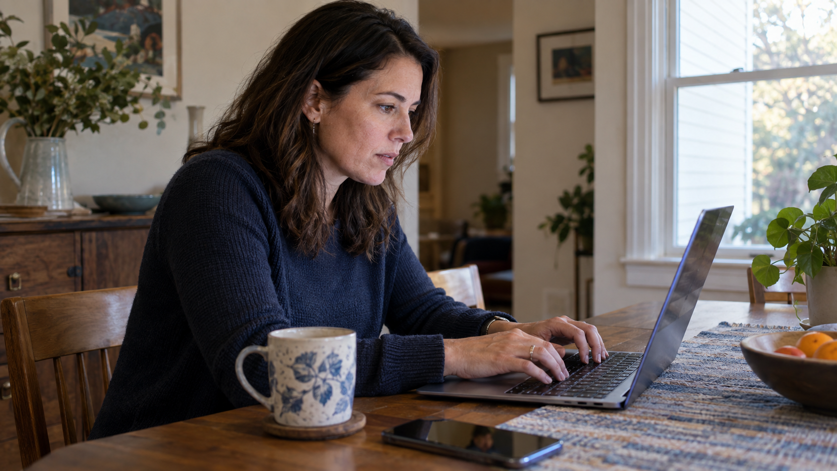 Woman typing on a laptop at her dining table.