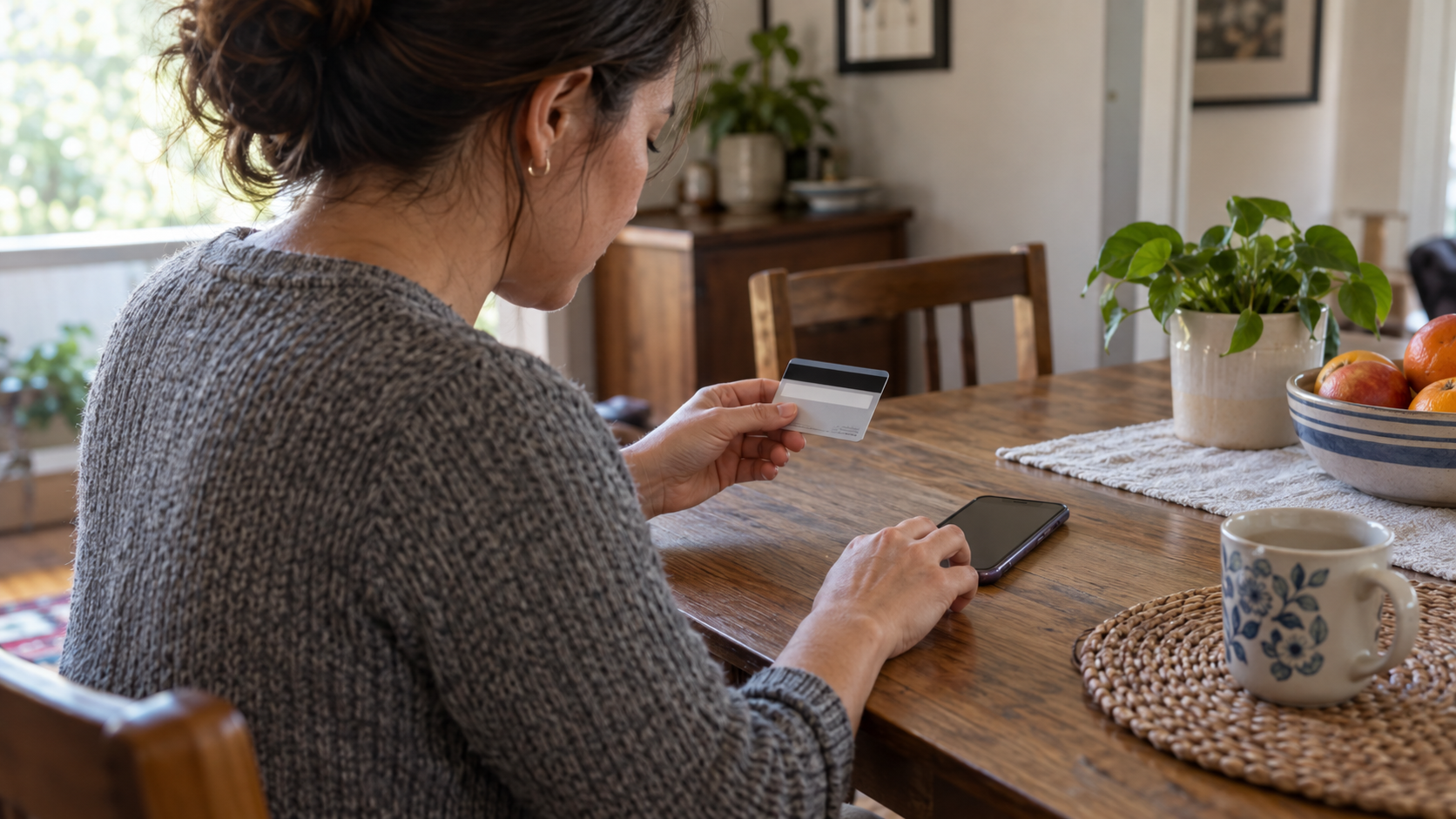 Woman at home examining the back of a payment card with her phone nearby.