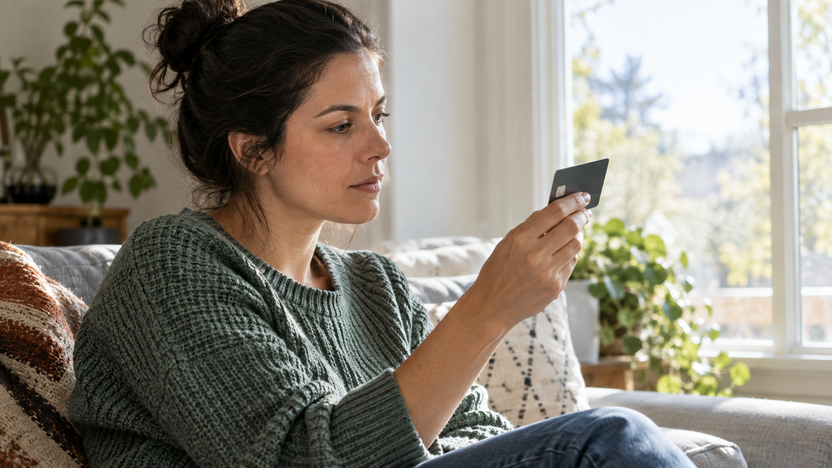 Woman sitting by a window and inspecting a payment card.
