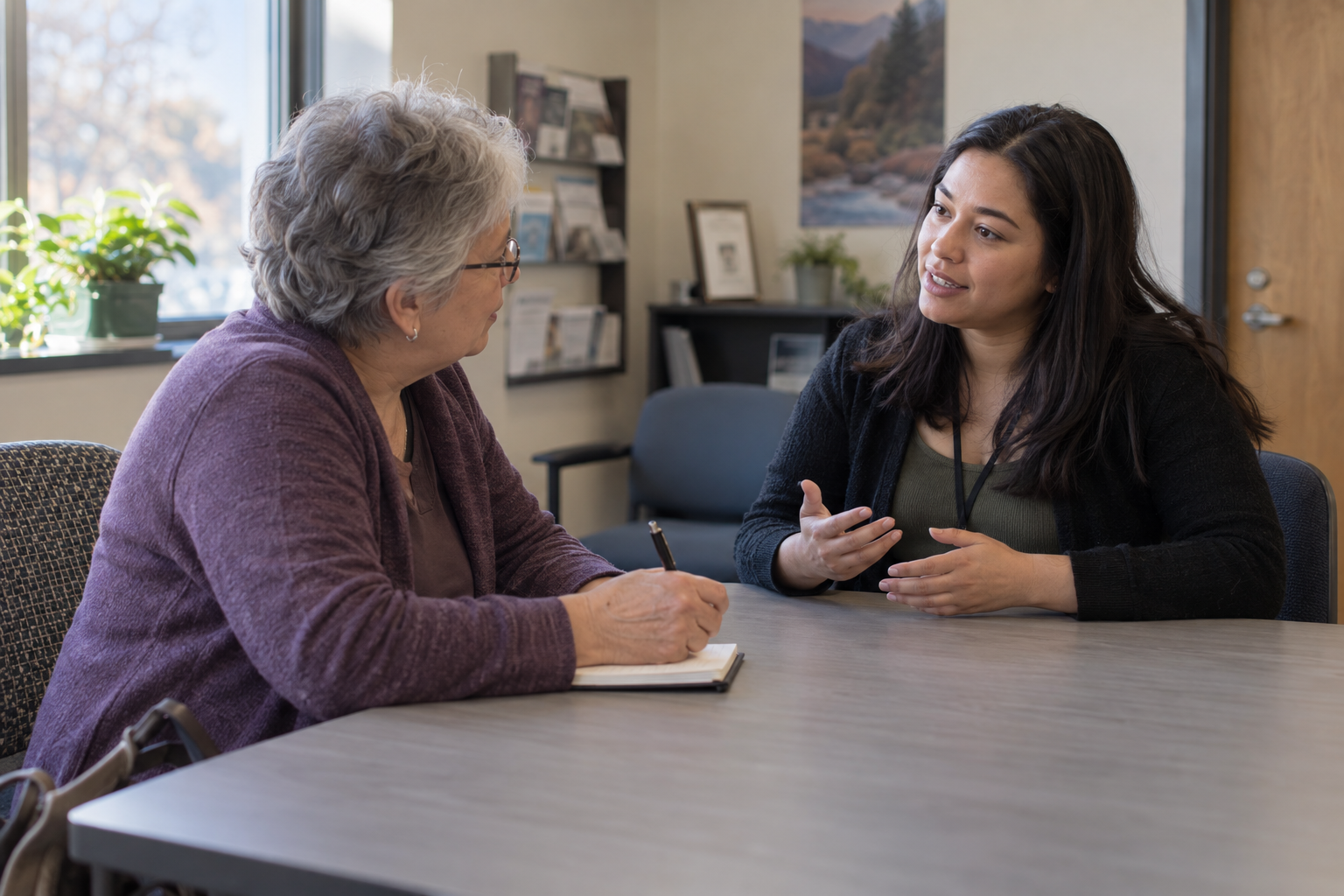 Two women talking across a table while one takes notes.