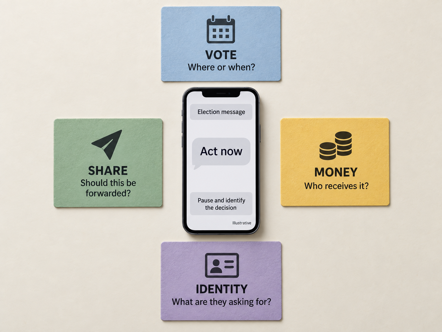 Four labeled cards around a phone show vote, money, identity, and sharing decisions prompted by an election message.