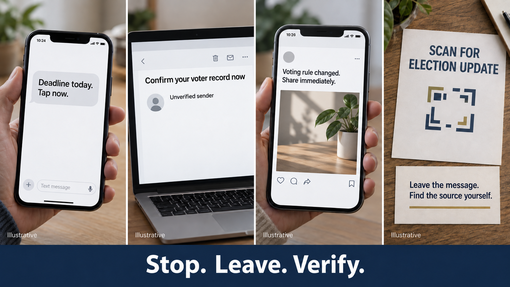 Illustrative election messages arrive by text, email, social post, and QR code above the reminder to stop, leave, and verify.