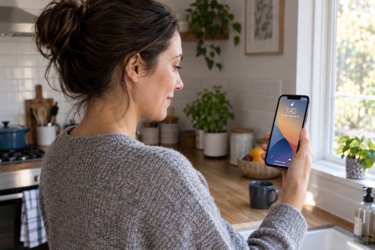 Adult looking at a phone during an illustrative Face ID unlock at home.