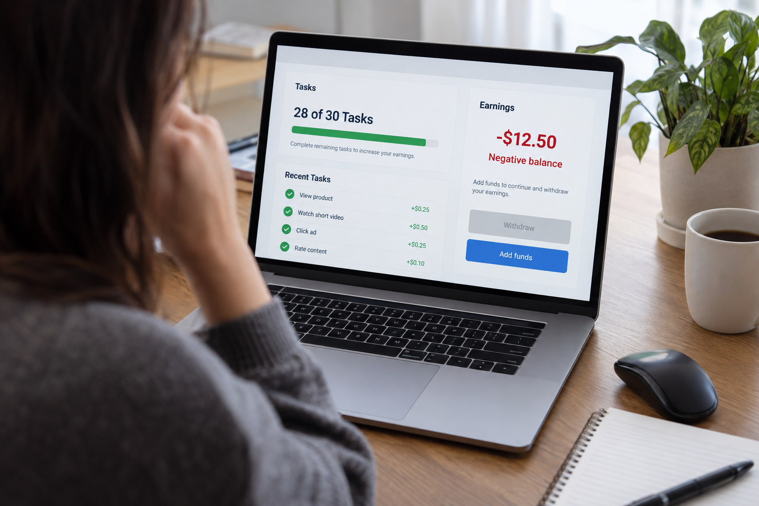 A fake task dashboard shows 28 of 30 assignments complete, supposed earnings, a negative balance, and a demand to add money before withdrawing.