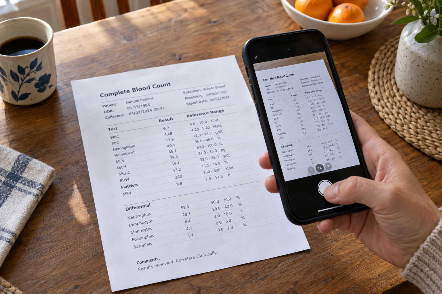 A smartphone camera frames a fictional blood test report with patient and date-of-birth fields.