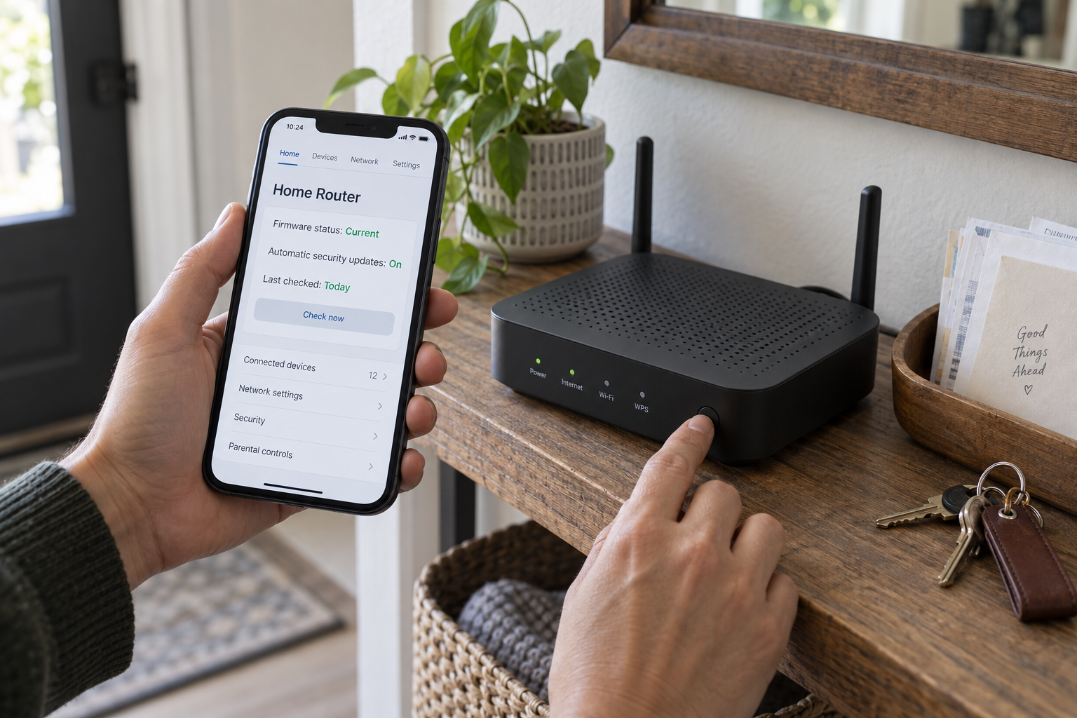 Hand checking that automatic security updates are on for a home router through its mobile companion app.