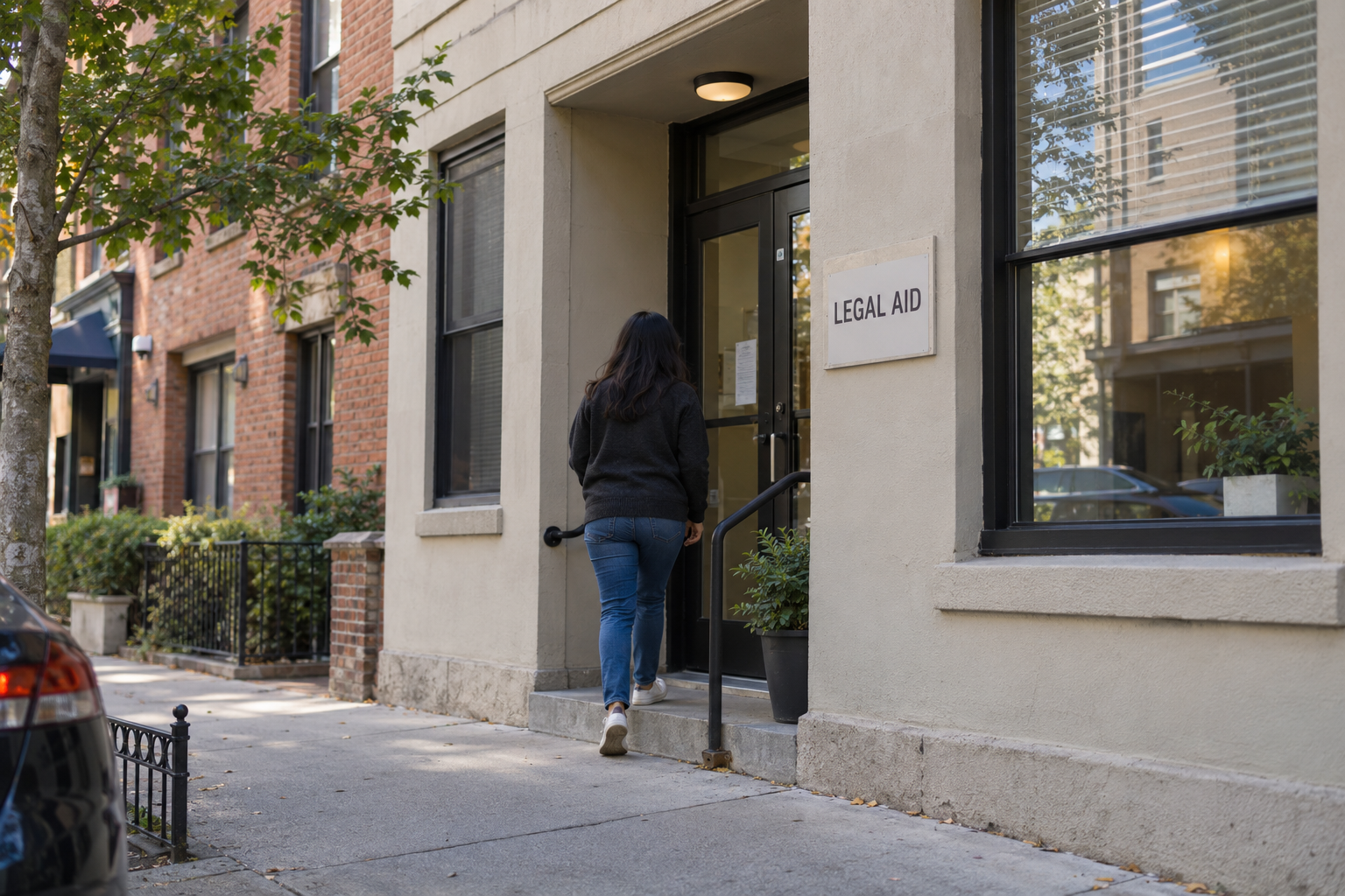 A visitor enters a neighborhood office marked Legal Aid.