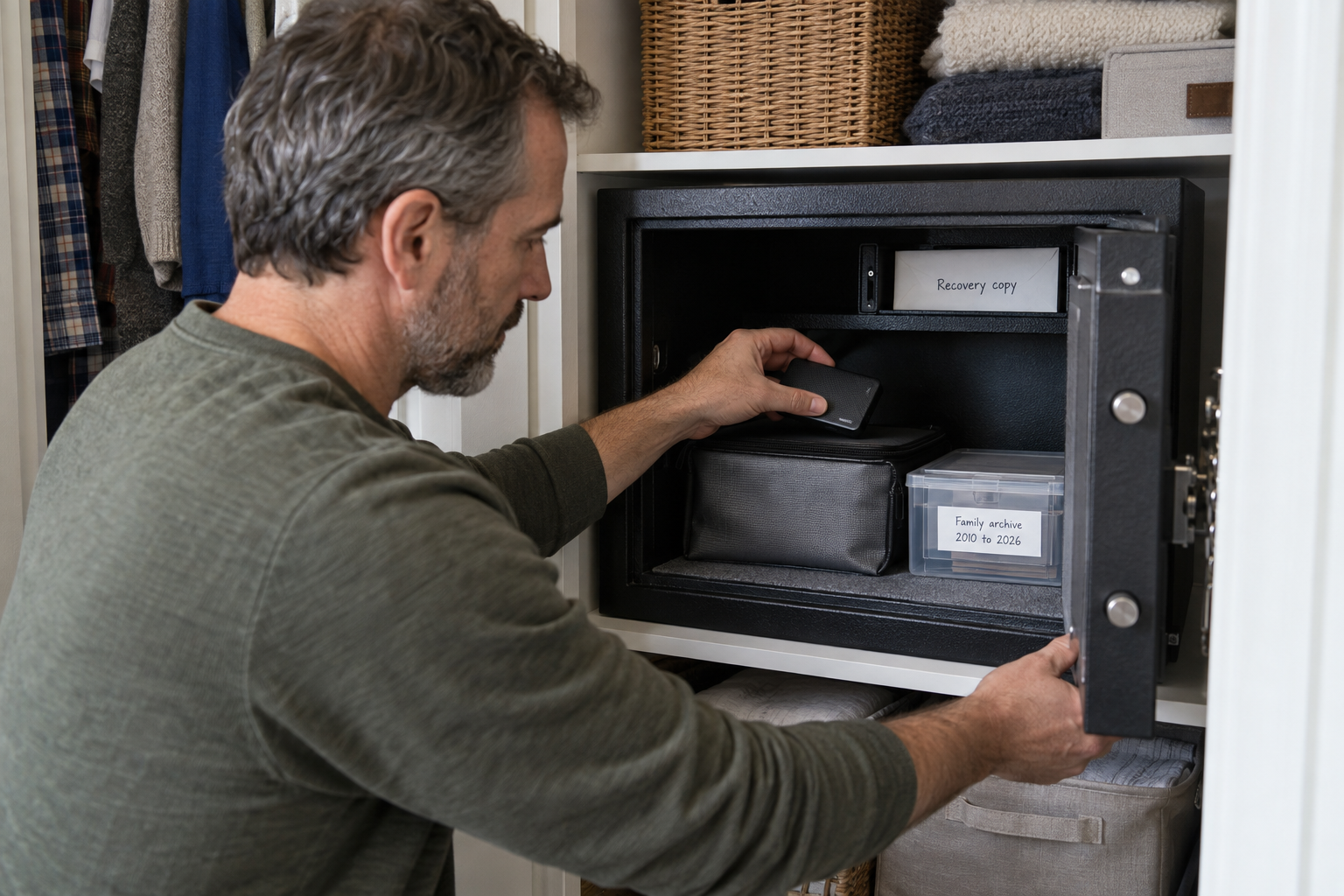Adult placing a backup drive in a home safe beside family archives and an envelope labeled Recovery copy.