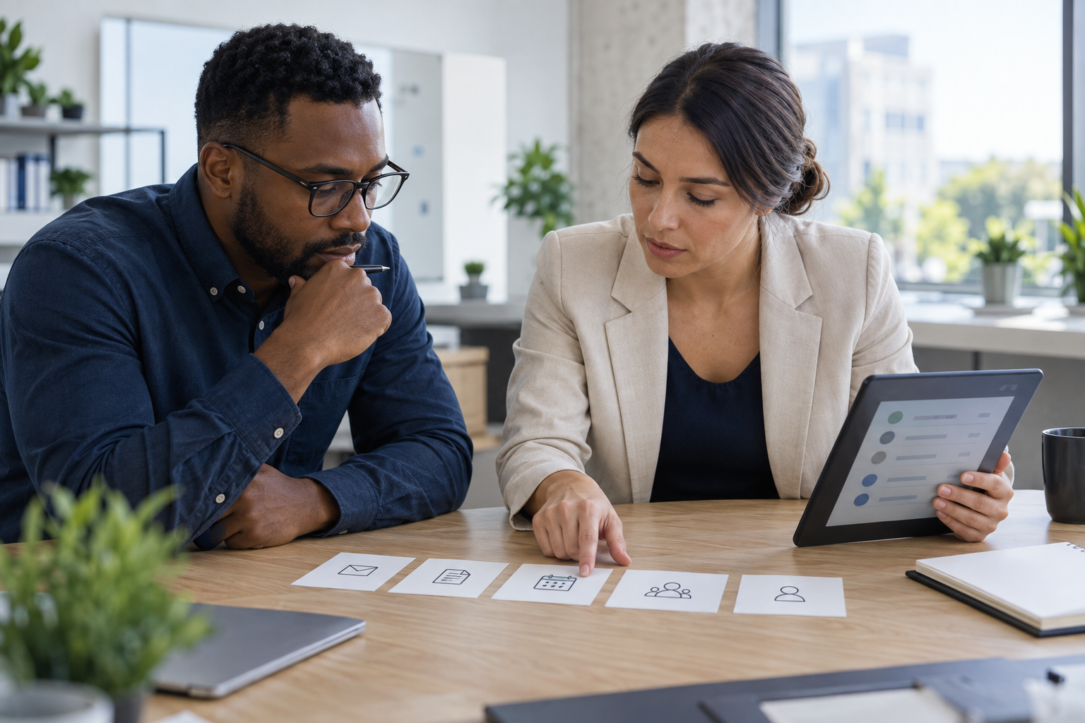 Security team reviews generic app, developer, access-scope, and owner cards beside an abstract tablet display.