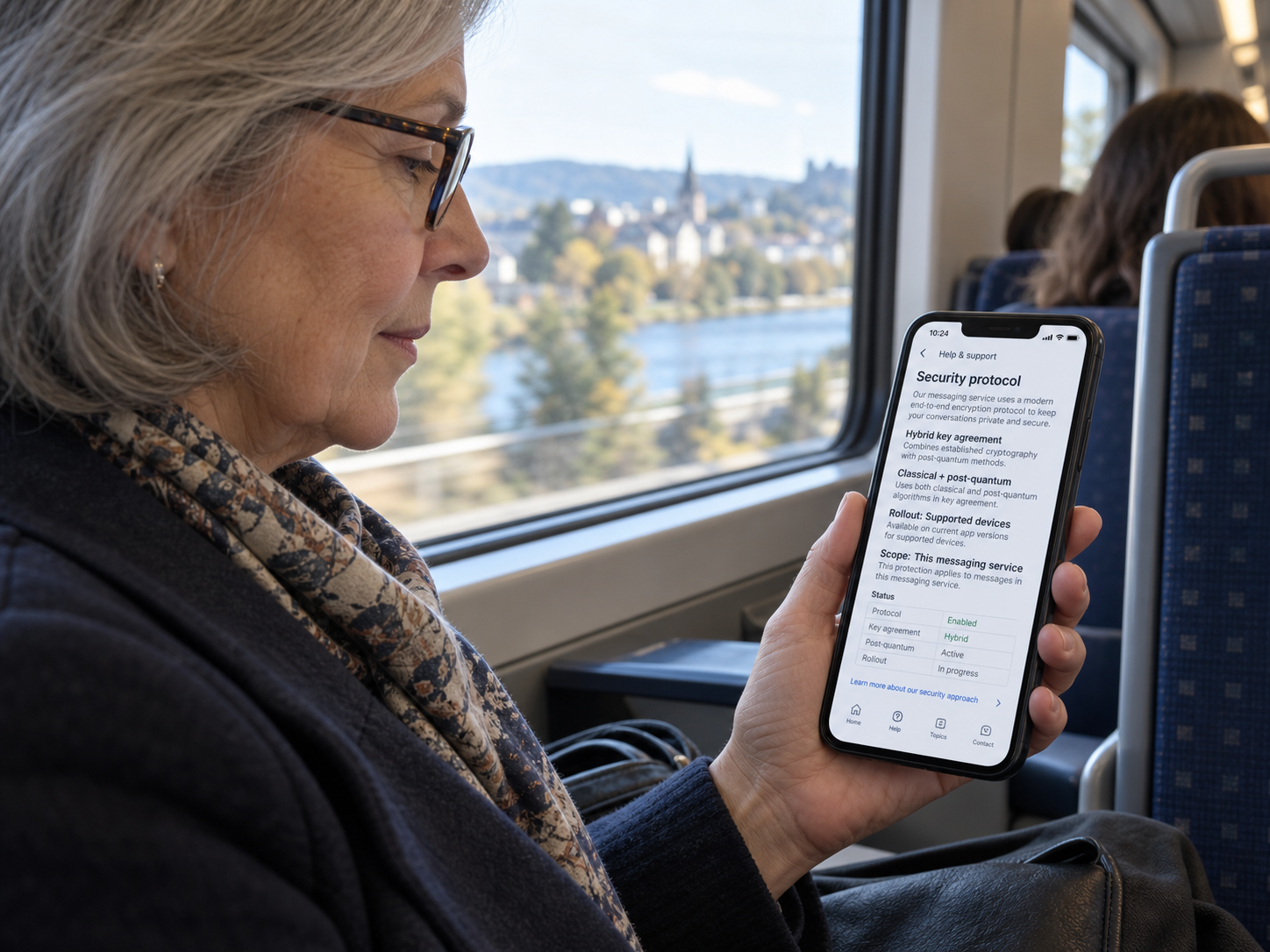 Train passenger reading a messaging service's security protocol and rollout details on a phone.