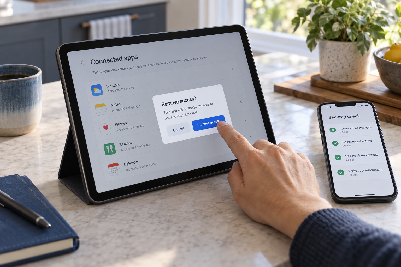 User removes a connected app from account settings and reviews recent security activity on a phone.