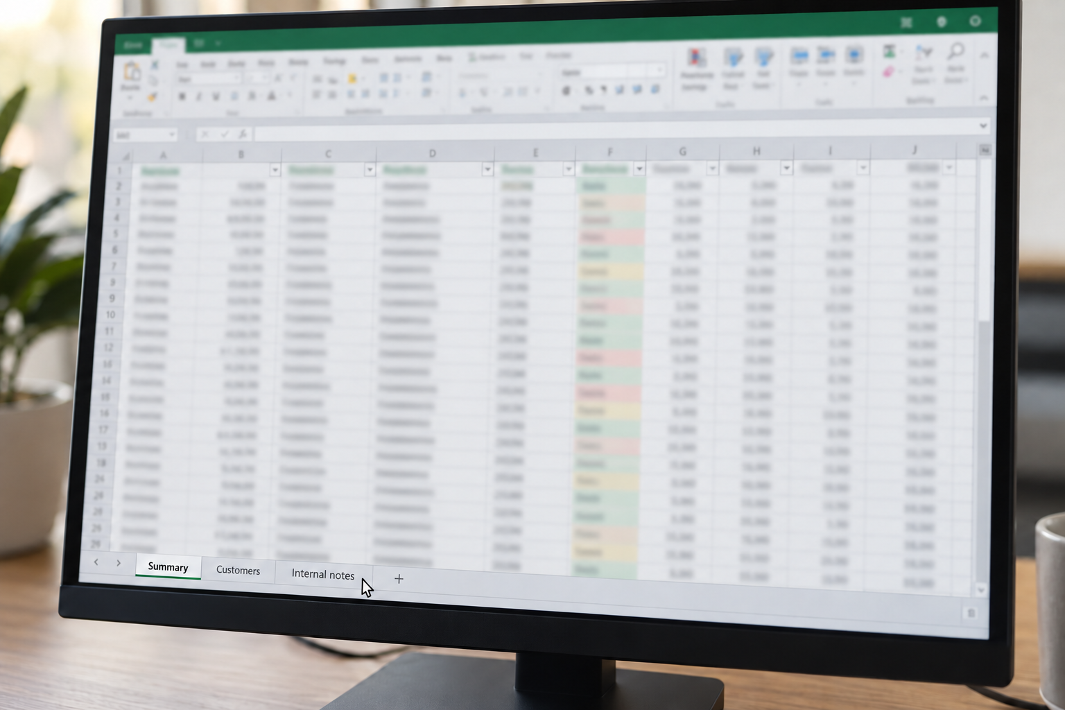 A spreadsheet workbook with Summary, Customers, and Internal notes sheets visible.