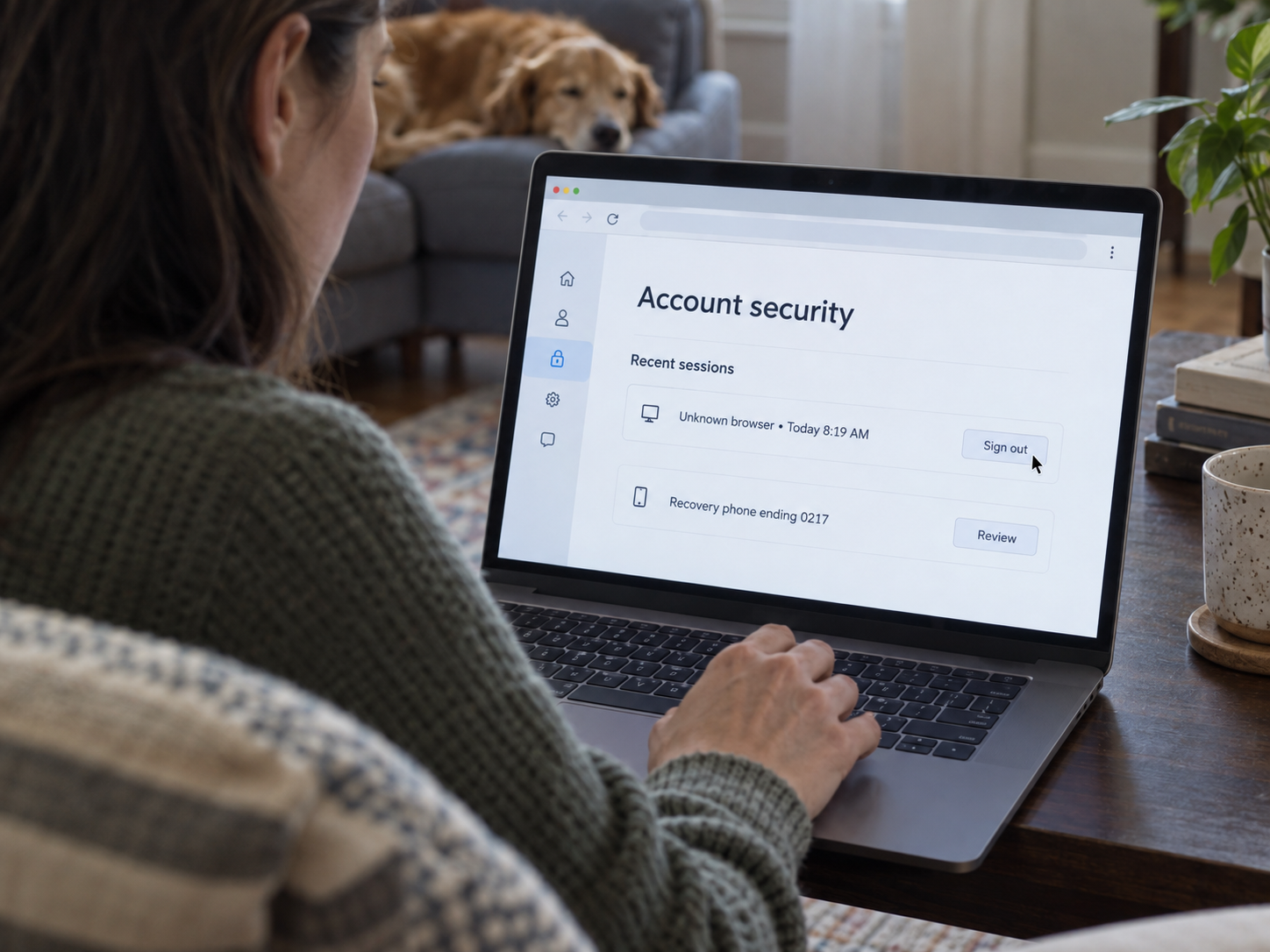 A consumer signs an unknown browser out of a primary email account and reviews the recovery phone after a suspected SIM swap.