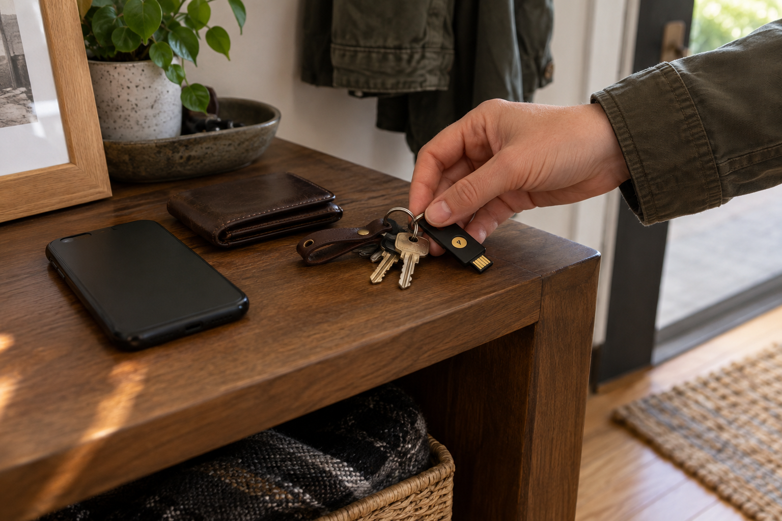 A hand holds a USB security key attached to a key ring beside a face-down phone and wallet.