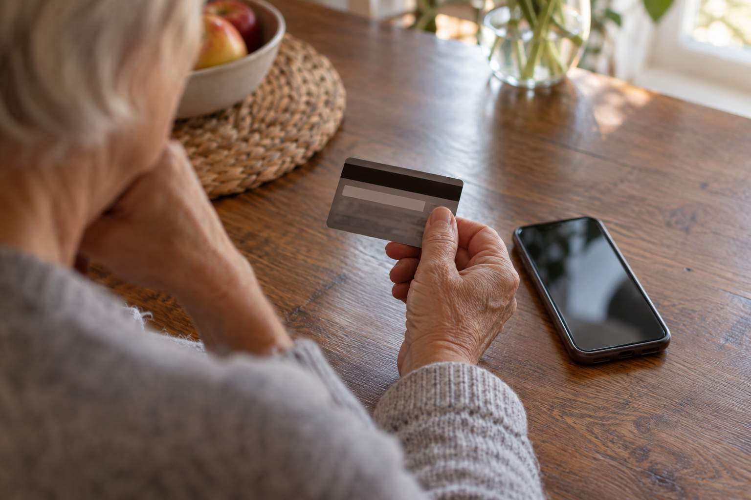 An older adult examines the back of a payment card beside a phone on a table.