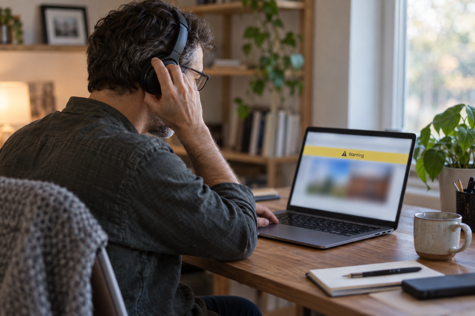 A man holds one headphone earcup while a yellow Warning banner is visible on his laptop screen.