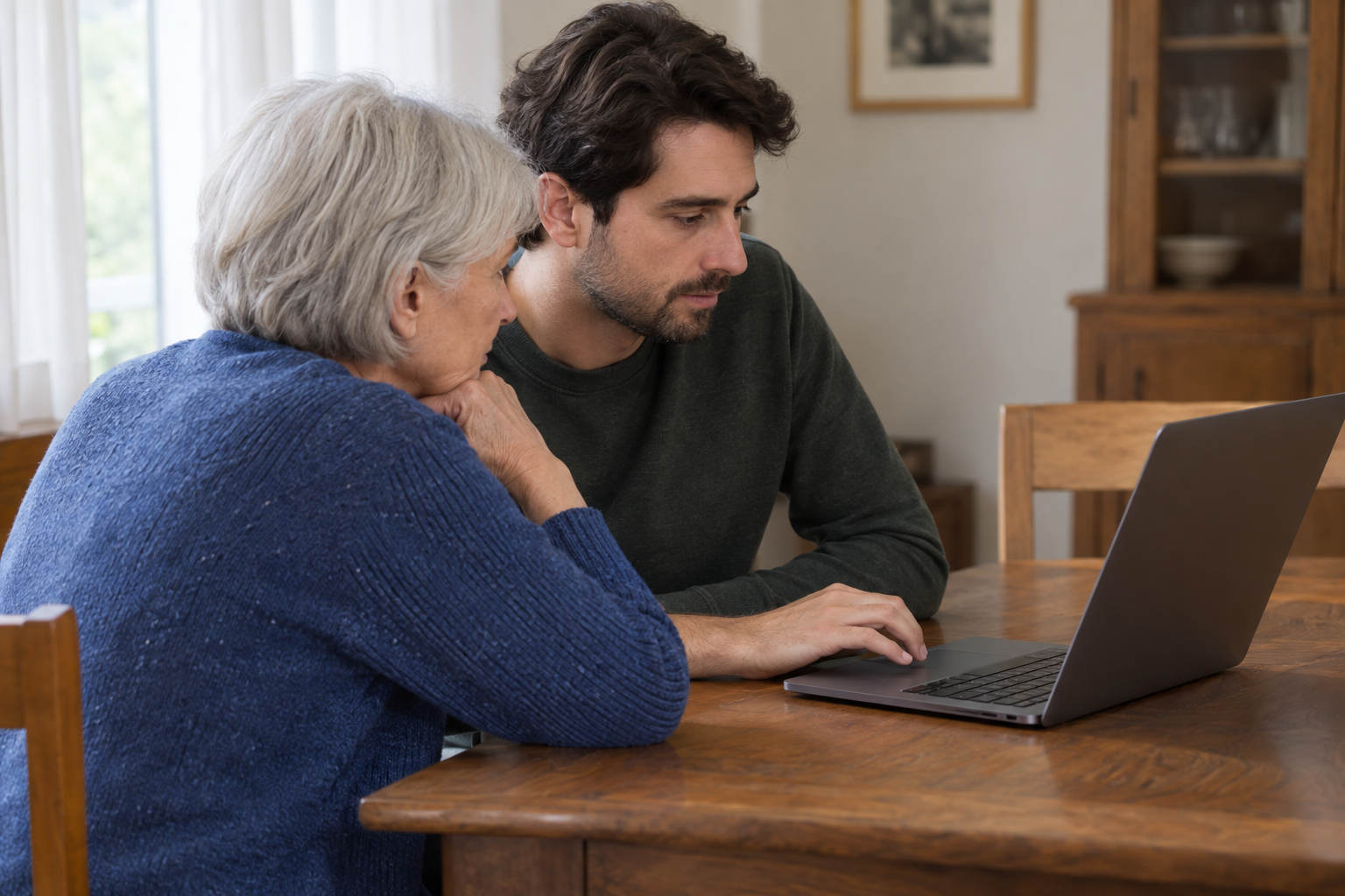 Two adults work together at a laptop with the screen facing away from the camera.