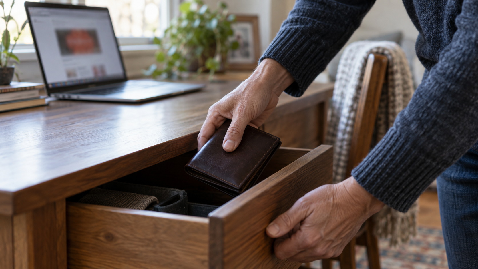 A hand puts a closed wallet into a desk drawer while a laptop stays open in the background.