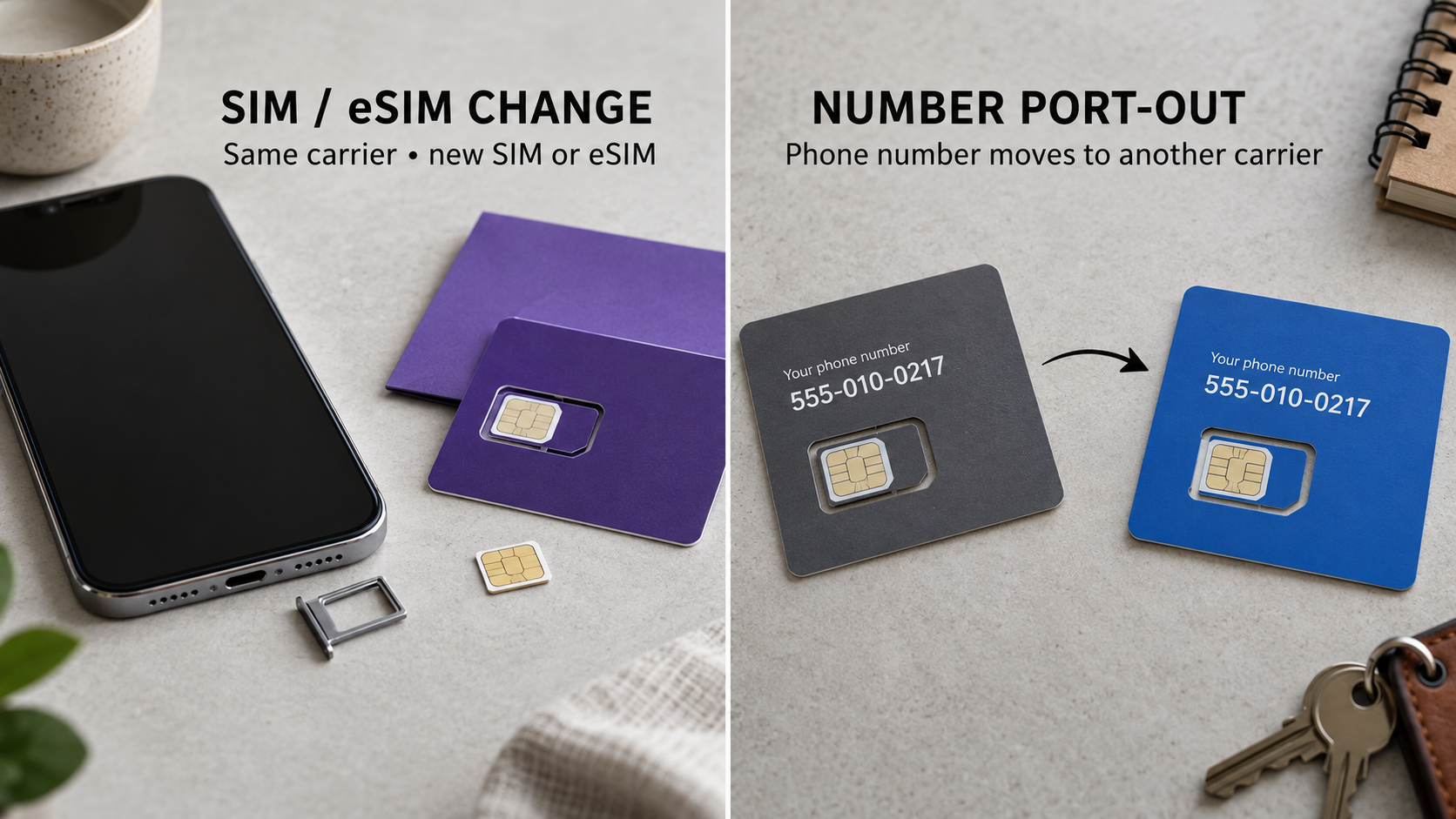 Photographic comparison showing a SIM or eSIM change within one carrier and a phone-number transfer between two carriers.