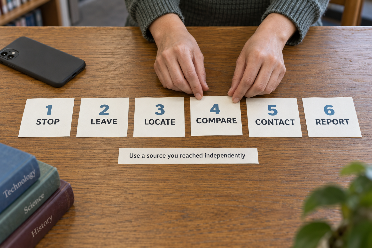 Hands arrange six cards labeled stop, leave, locate, compare, contact, and report beside a face-down phone.