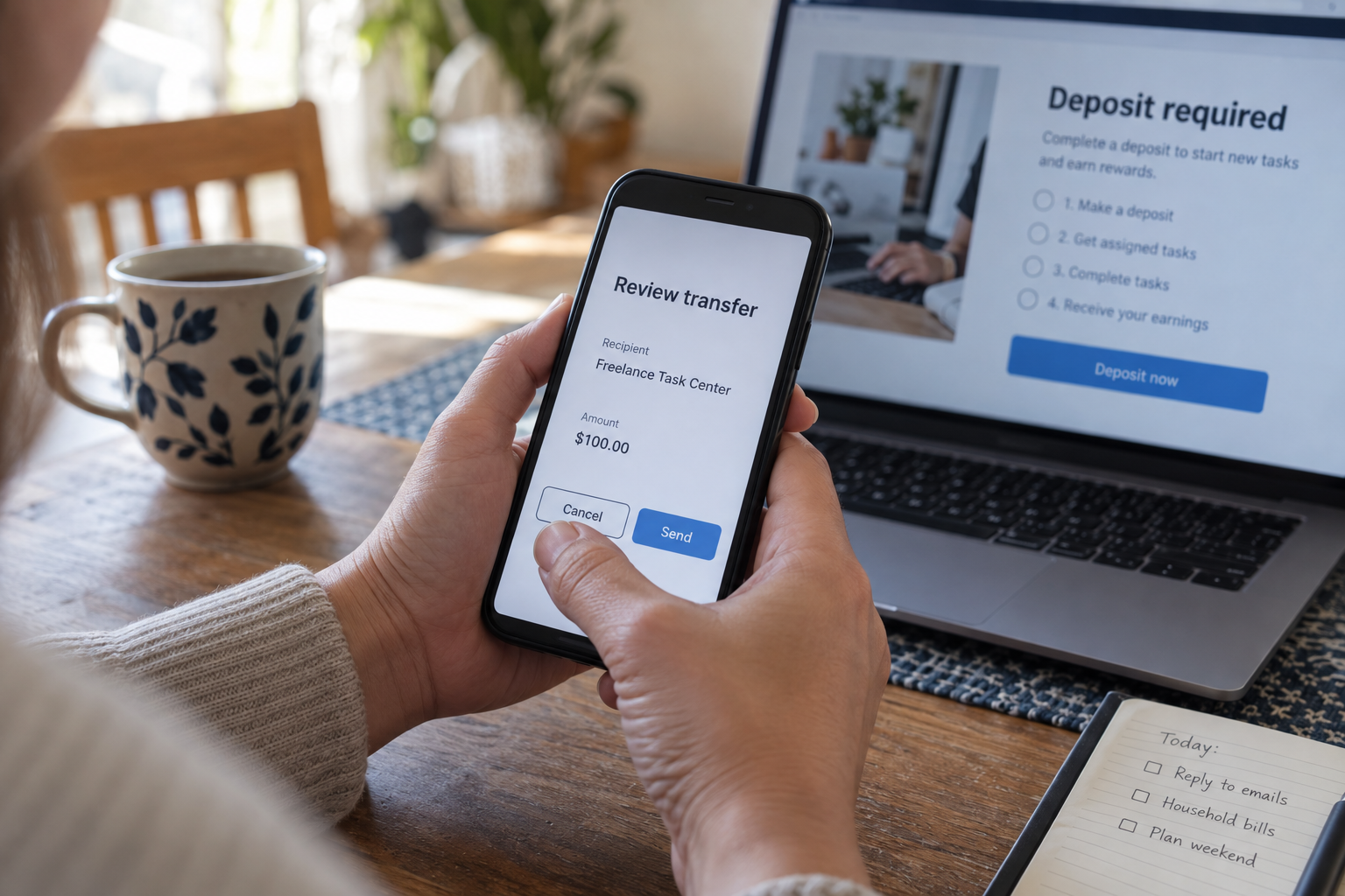 A consumer pauses at a transfer review screen after a task platform demands a deposit to continue.