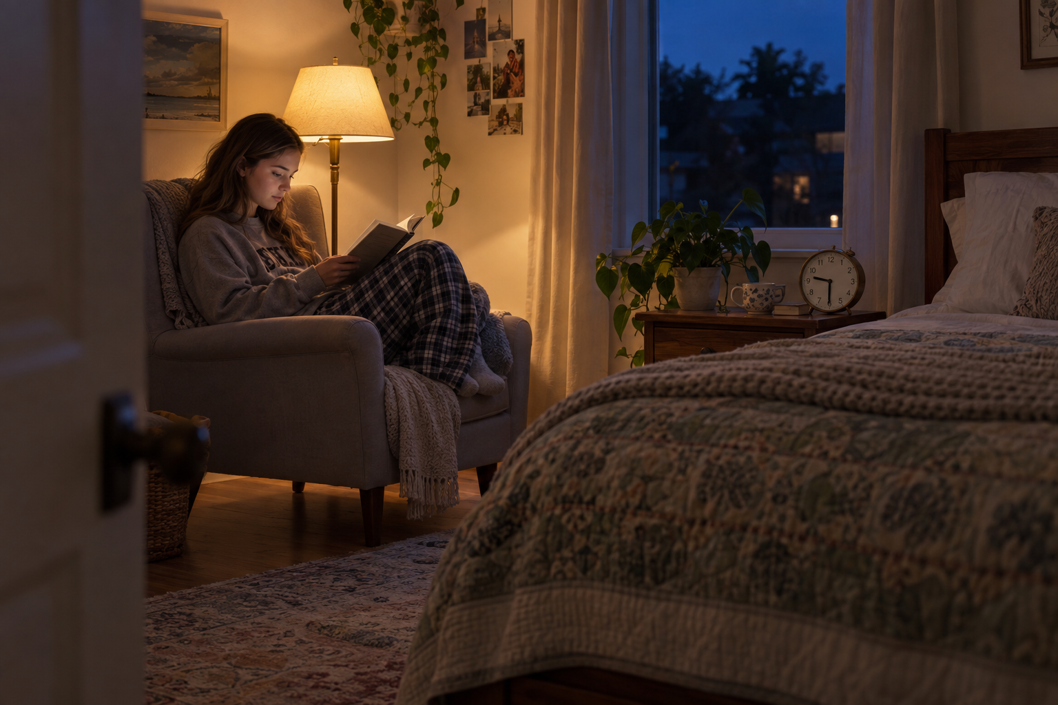 Teen reading a book in a lamp-lit bedroom during a screen-free evening routine.