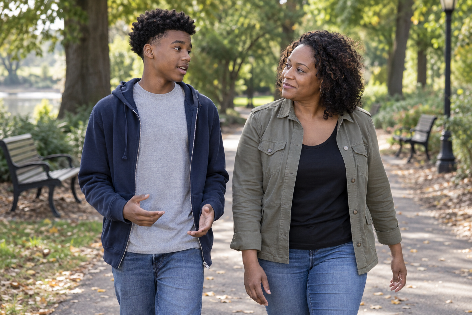 Teen talking with a trusted adult while they walk together on a leafy park path.