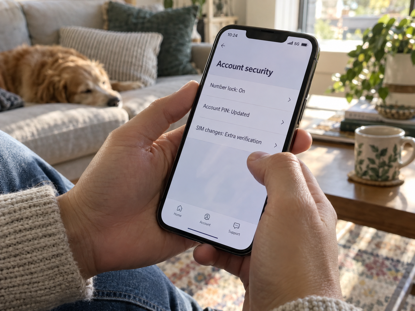 Hands review a carrier account showing number lock on, an updated account PIN, and extra verification for SIM changes.