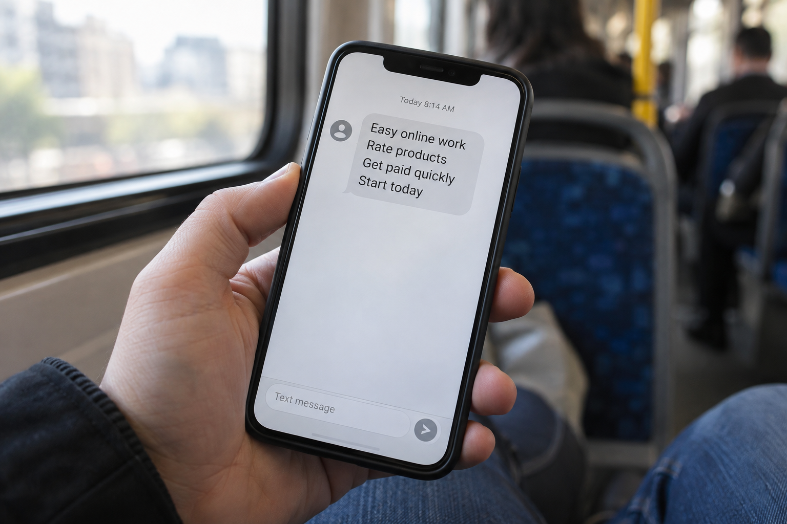 A commuter reads an unsolicited message offering quick pay for simple online product-rating tasks.