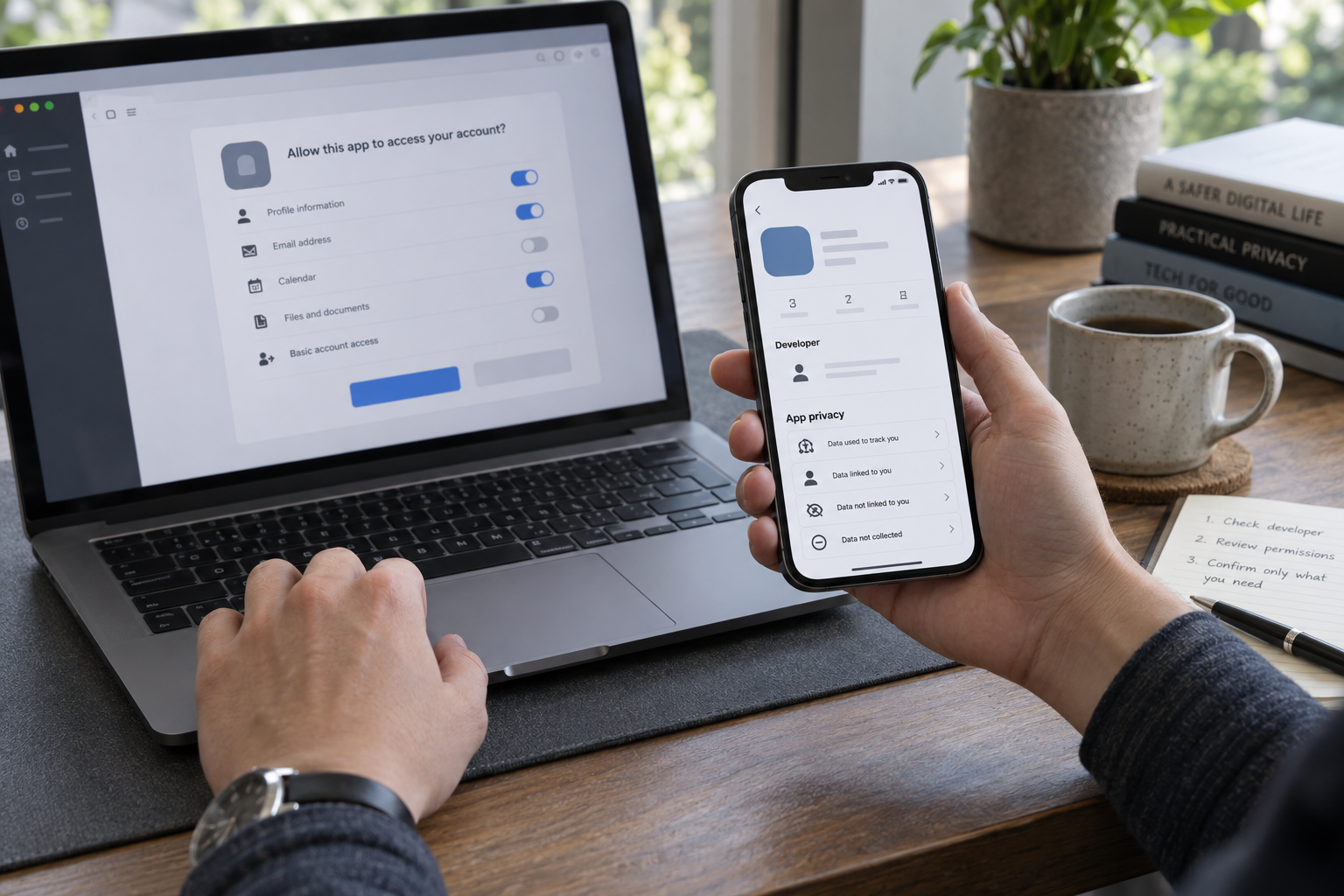 Person compares an app authorization request with an independently opened developer privacy profile on a phone.