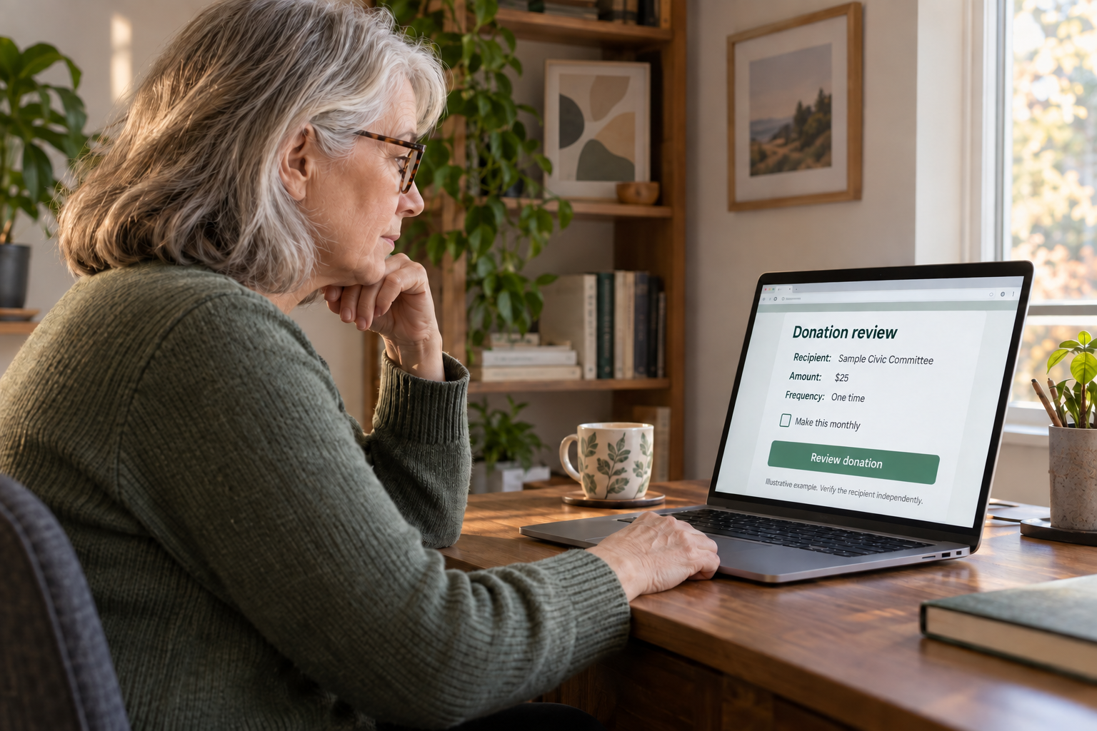 Donor reviews the recipient, amount, one-time frequency, and optional monthly setting on an illustrative donation page.