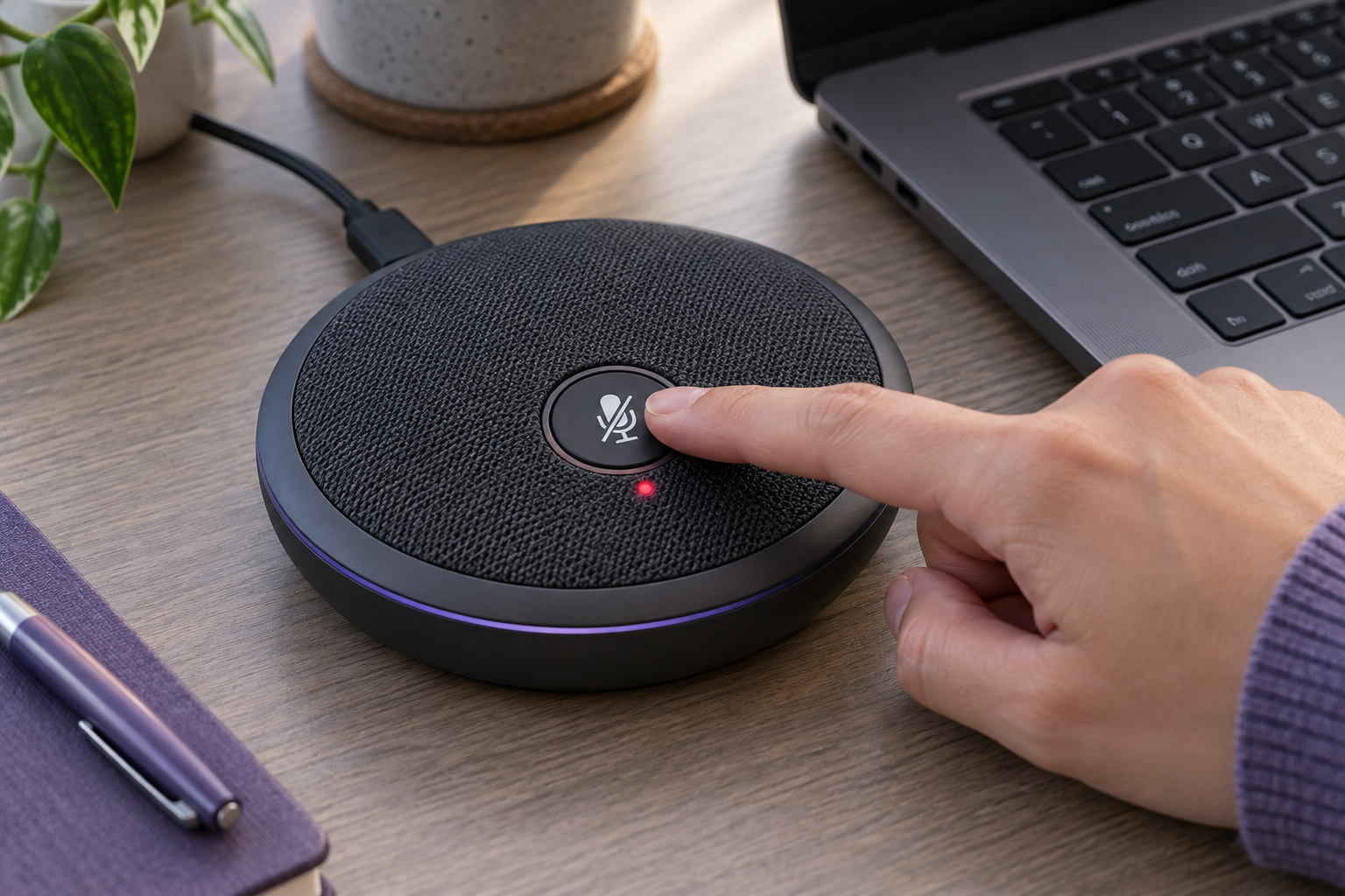 Hand pressing a desktop speakerphone microphone-mute button beside a laptop keyboard.