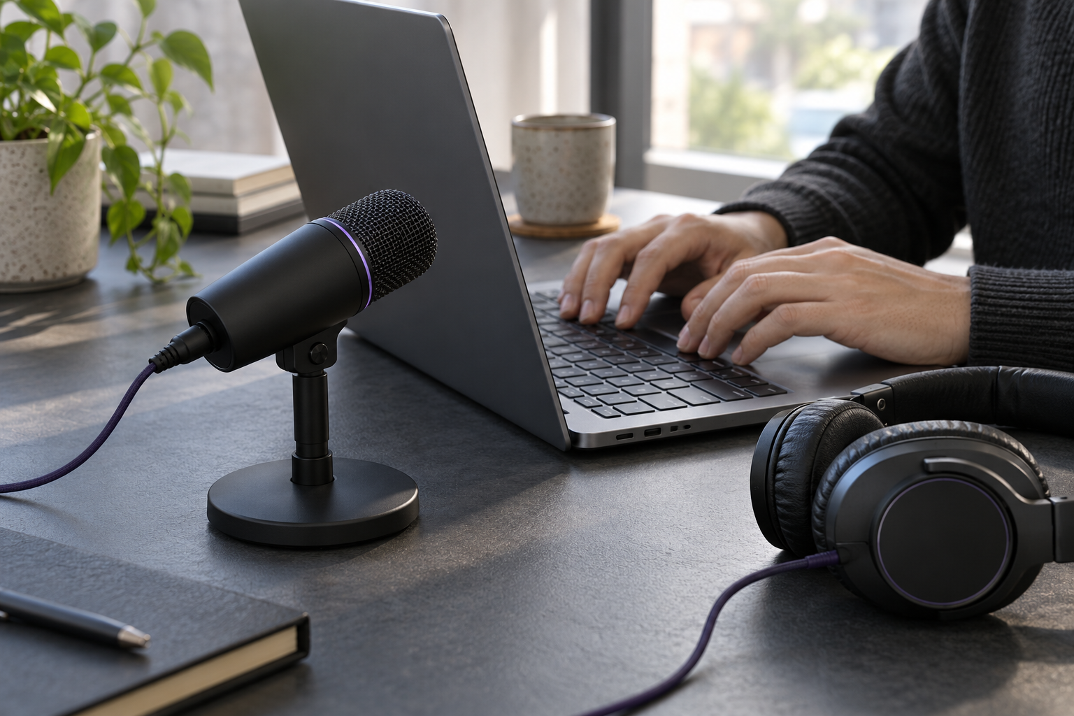 Desktop microphone close to a keyboard in a conceptual remote-meeting setup where typing sounds could enter call audio.